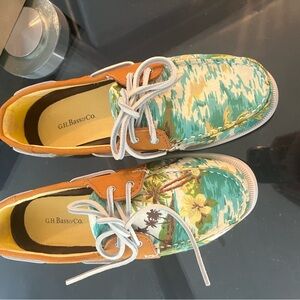 G.H. Bass & Co. Tropical Canvas Boat Shoes - Teal, Cream & Tan